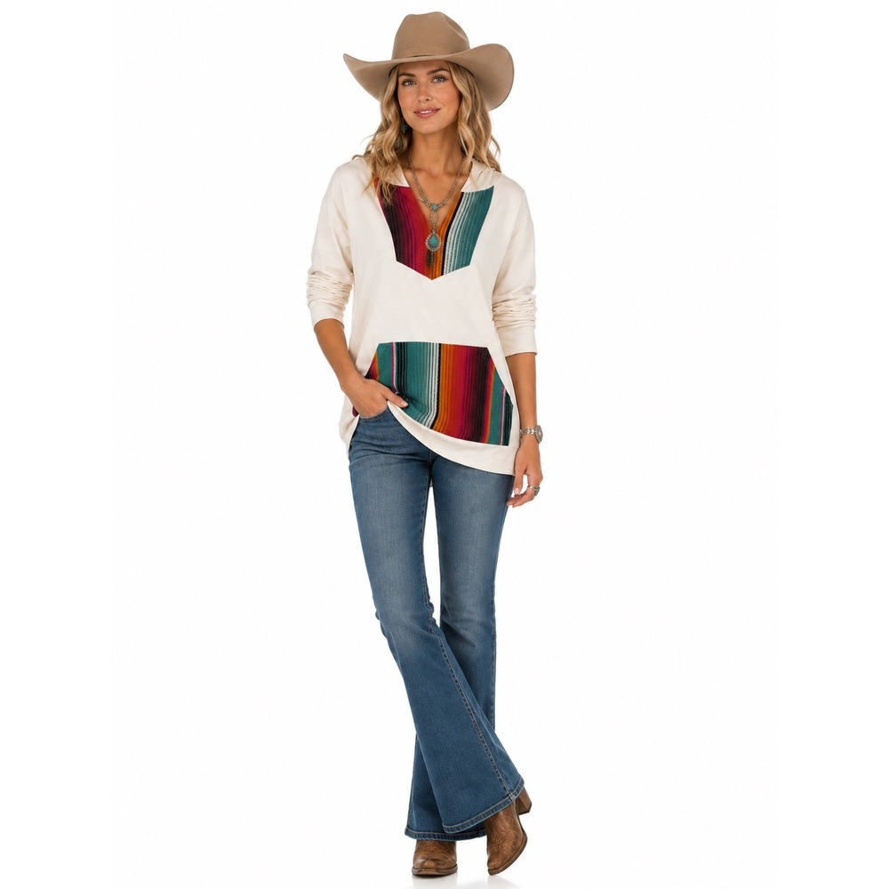 Crazy Train Hoodie Small White Serape Southwestern Print V-Neck Pullover
